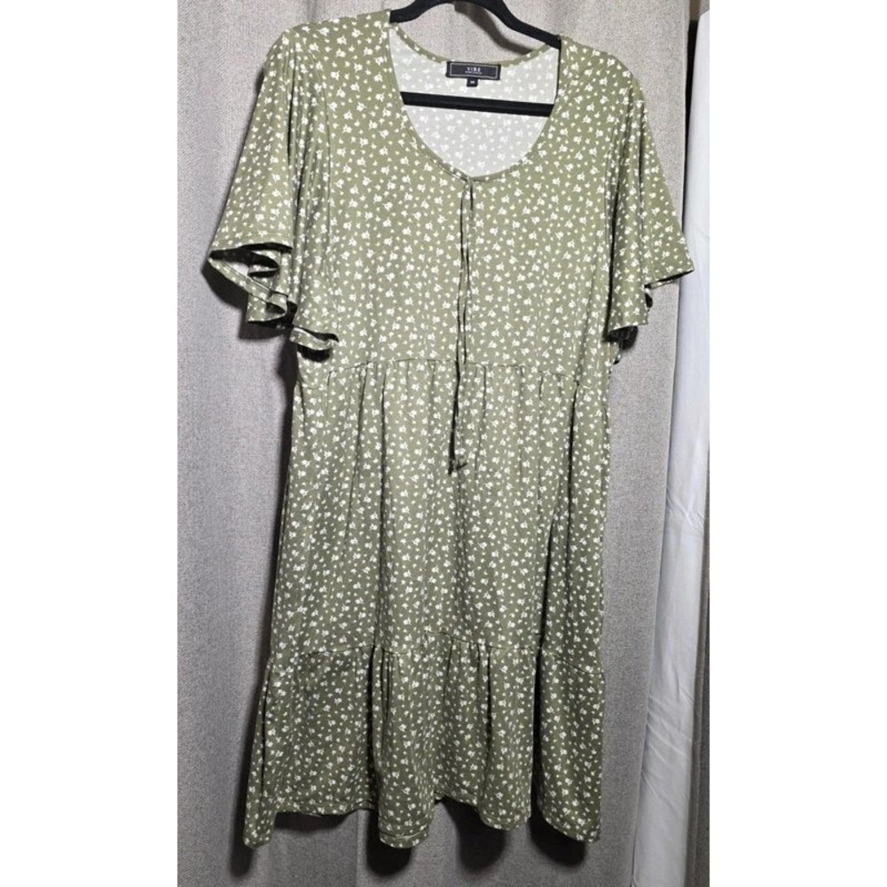 Vibe Sportswear Olive Floral Tiered Babydoll Dress Plus Size 1X Short Sleeve